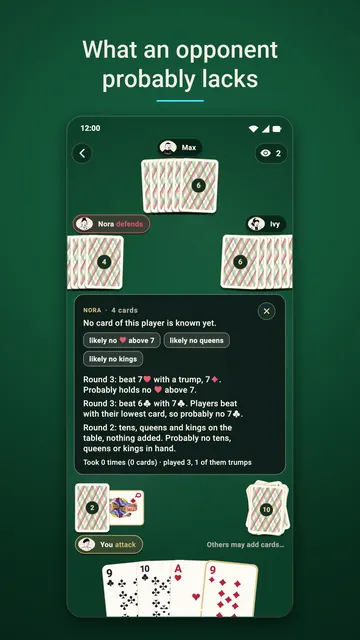 Game screen: an opponent panel listing the cards they probably lack