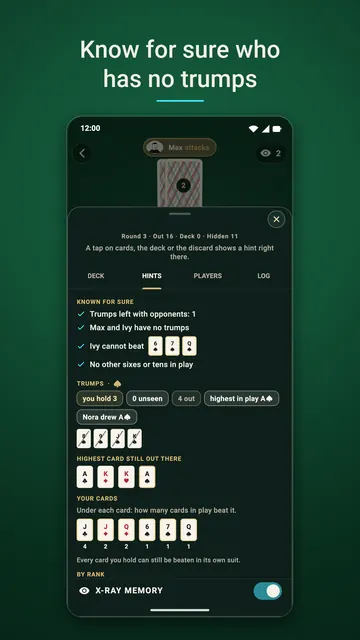 Memory screen: facts known for sure, such as which players have no trumps