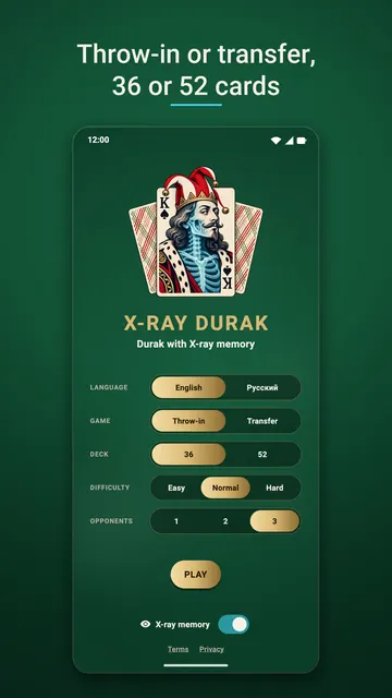Main menu: throw-in or transfer, 36 or 52 cards, difficulty and number of opponents